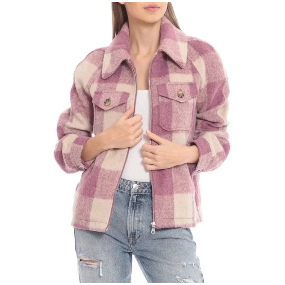 Avec Les Filles Plaid Shacket Pink Full Zip Purple Collared Preppy Fall Size‎ XS